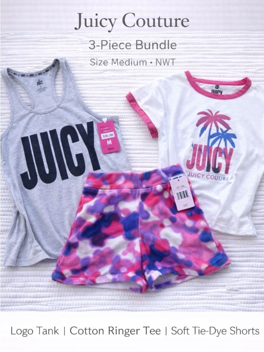 Juicy Couture 3PC Set Tank Tee Shorts Pink Blue White Size M NWT